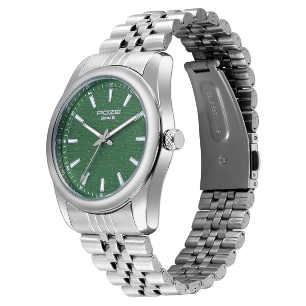 Poze By Sonata Quartz Analog Green Dial Silver Metal Strap Watch For Men - image number 2