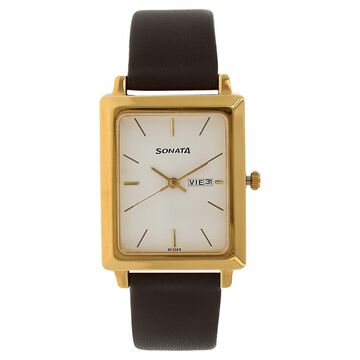 Sonata Quartz Analog with Day and Date White Dial Leather Strap Watch for Men