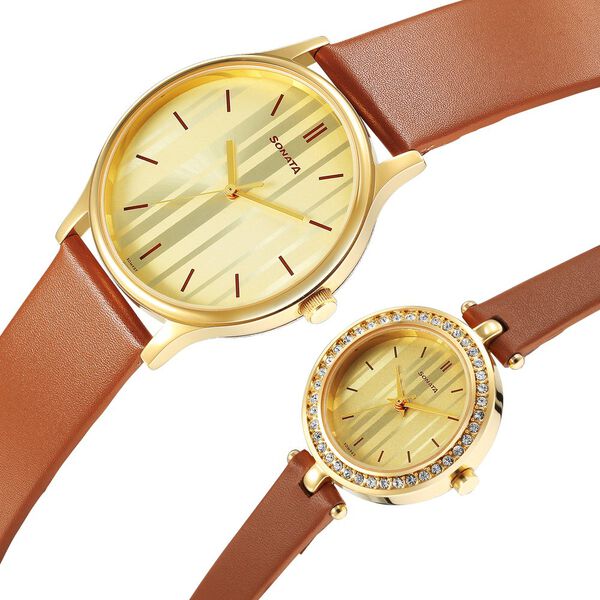 Sonata Quartz Analog Champagne Dial Leather Strap Watch for Couple - image number 2