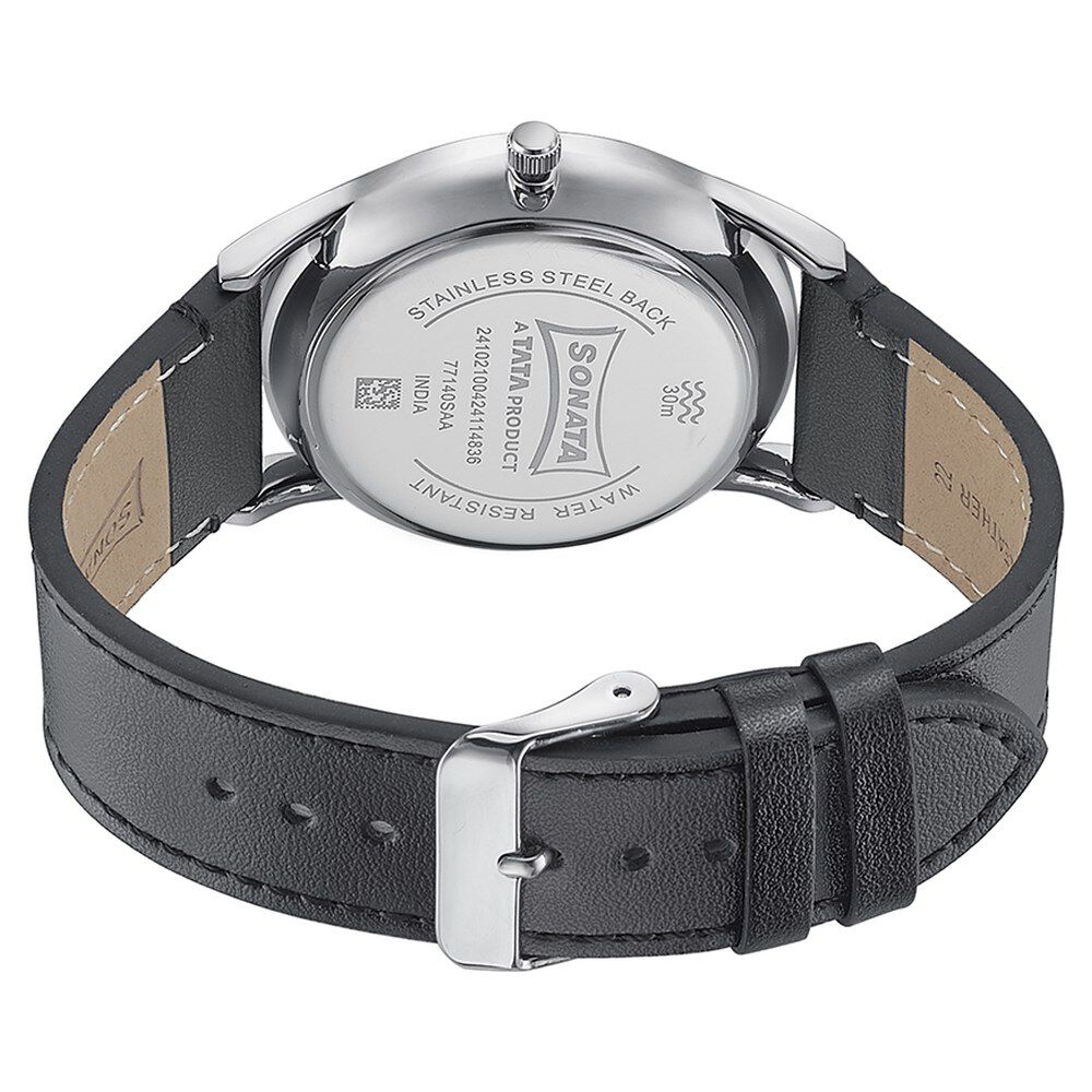 Buy Online Sonata Quartz Analog Silver Dial Black Leather Strap