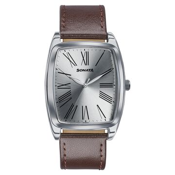 Sonata Ascent Silver Tonneau Watch with Leather Strap