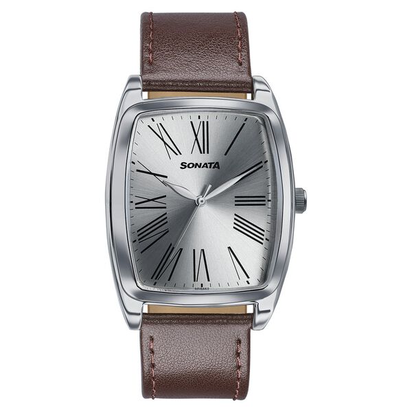 Sonata Ascent Silver Tonneau Watch with Leather Strap - image number 0
