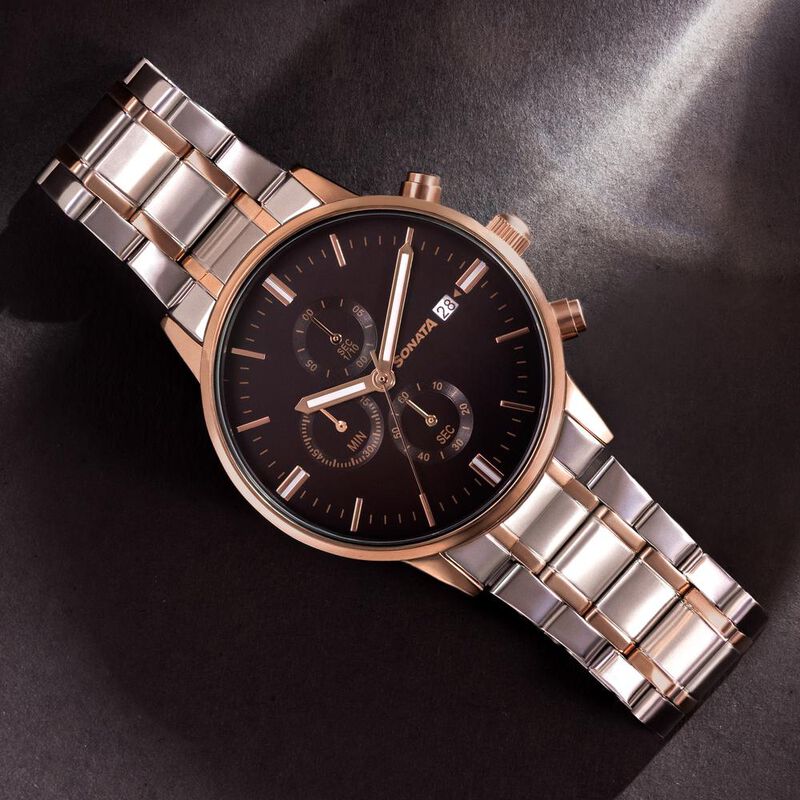 Sonata Quartz Multifunction Black Dial Two Toned Stainless Steel Strap  Watch For Men