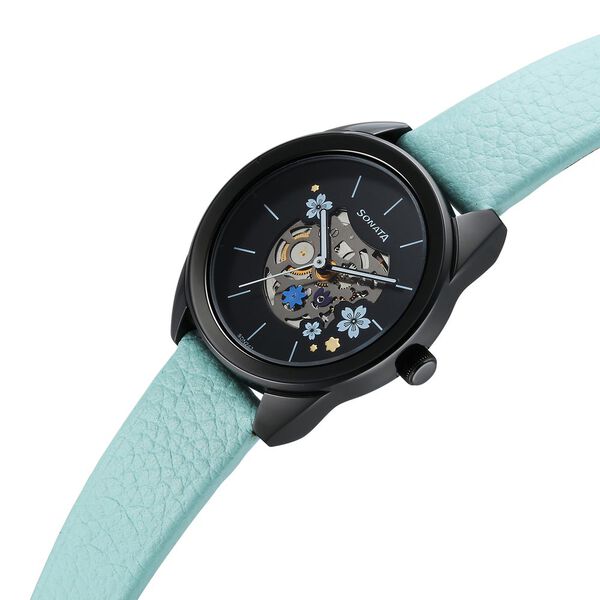 Sonata Unveil Quartz Multifunction Black Dial Leather Strap Watch for Women - image number 2