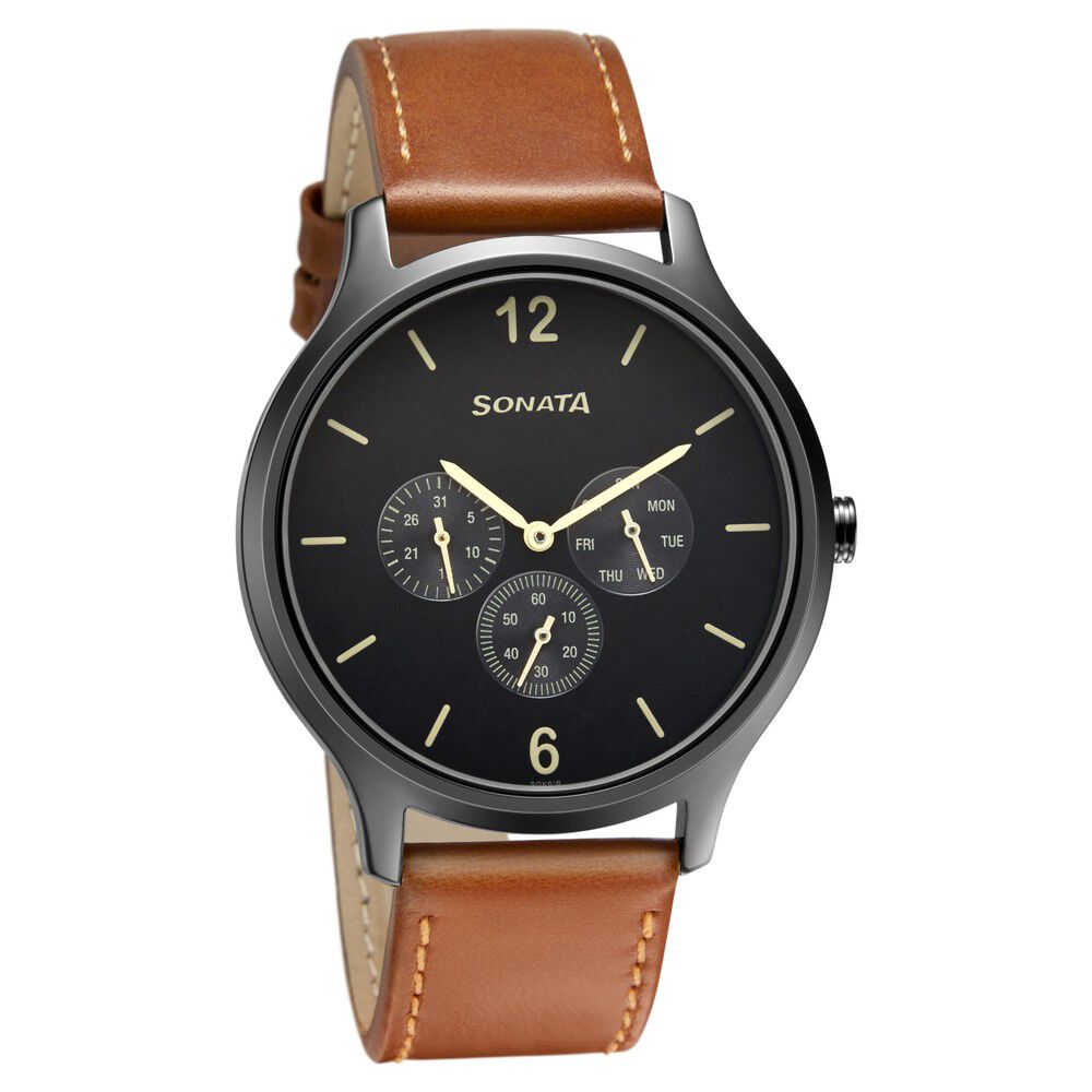 Buy Online Sonata Quartz Analog Black Dial Leather Strap Watch for Men -  np7924sl04 | Titan