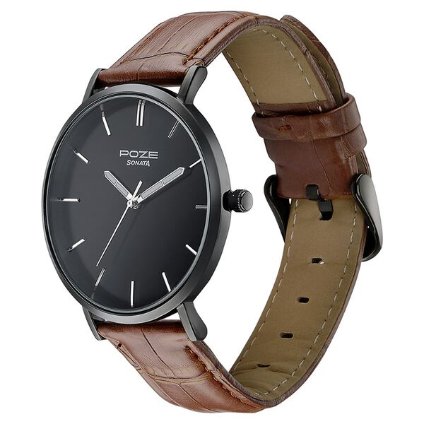 Sonata Poze Quartz Analog Black Dial Tan Leather Strap Watch For Men - image number 3