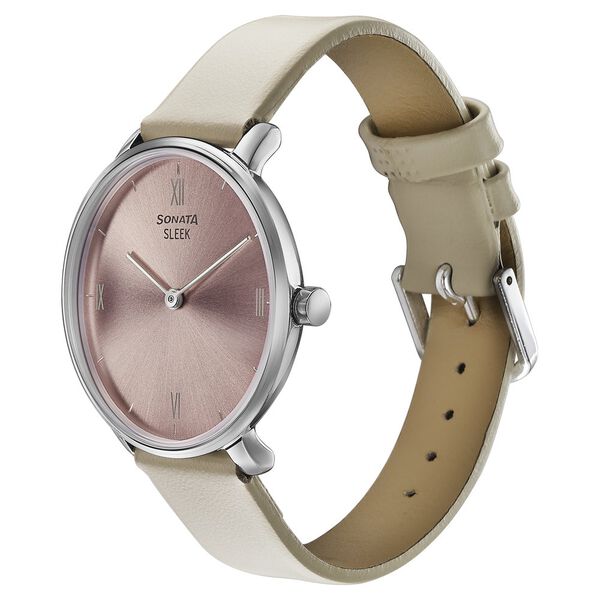 Sonata Sleek Quartz Analog Pink Dial Beige Leather Strap Watch for Women - image number 2