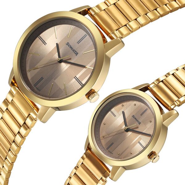 Sonata Alloy Pairs Quartz Analog Brown Stainless Steel Strap for Couple - image number 2