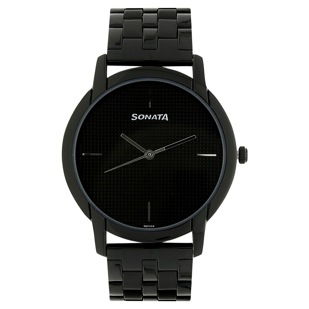 Buy Online Sonata Quartz Analog Black Dial Stainless Steel Strap Watch for Men nm77031nm02 Sonata