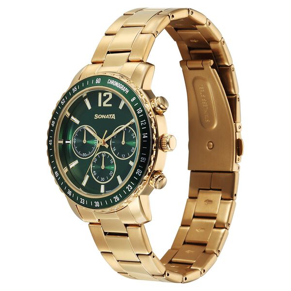 Sonata Chronos Quartz Analog with Date Green Dial Golden Colour Stainless Steel Strap Watch For Men - image number 1