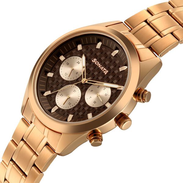 Sonata Summit Quartz Multifunction Brown Dial Rose Gold Metal Strap Watch For Men - image number 4