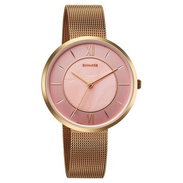 Sonata Modern Edit Quartz Analog Pink Mother of Pearl Dial Stainless Steel Strap Watch For Women