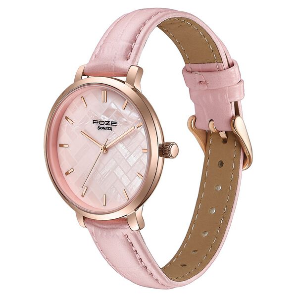 Sonata Poze Quartz Analog Pink Dial Pink Colour Leather Strap Watch For Women - image number 4