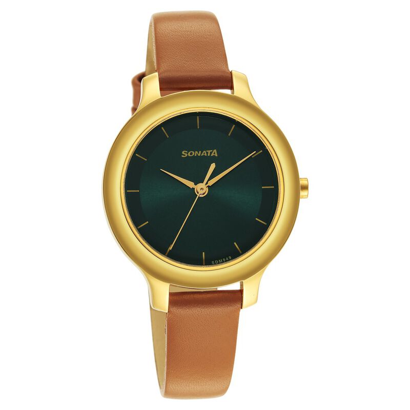 Sonata Gold Edit Green Dial Women Watch With Leather Strap