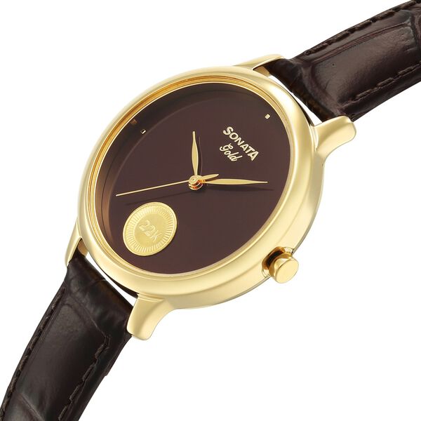 Sonata Gold Quartz Analog Regal Maroon With Gold Coin Dial Brown Leather Strap Watch For Women - image number 4