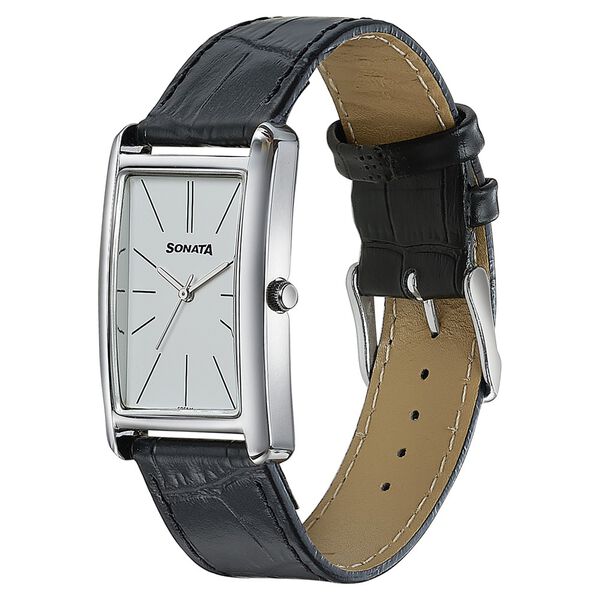 Sonata Ascent White Rectangular Watch with Leather Strap - image number 2