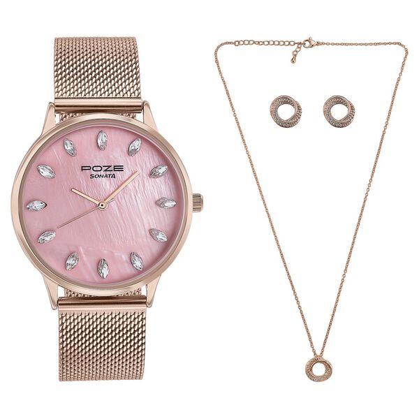 Sonata Poze Quartz Analog Pink Dial Metal Strap Watch For Women - image number 1