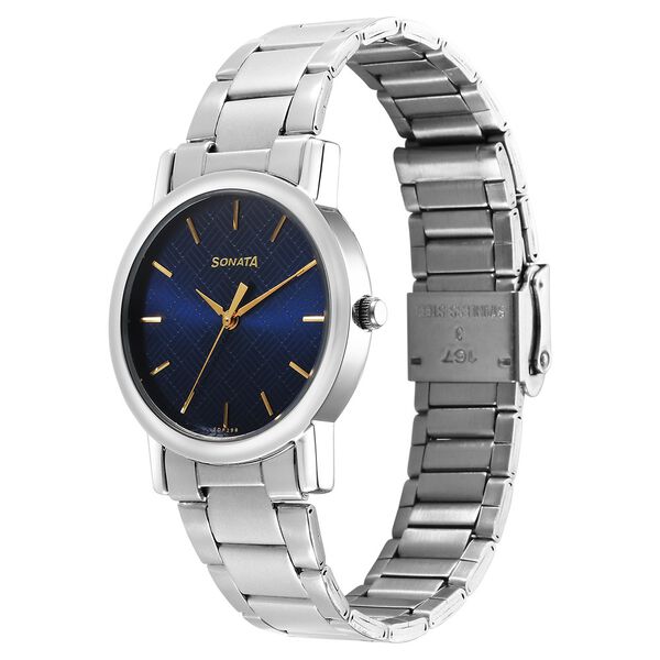 Sonata Classic Quartz Analog Blue Dial Silver Stainless Steel Strap Watch for Men - image number 1