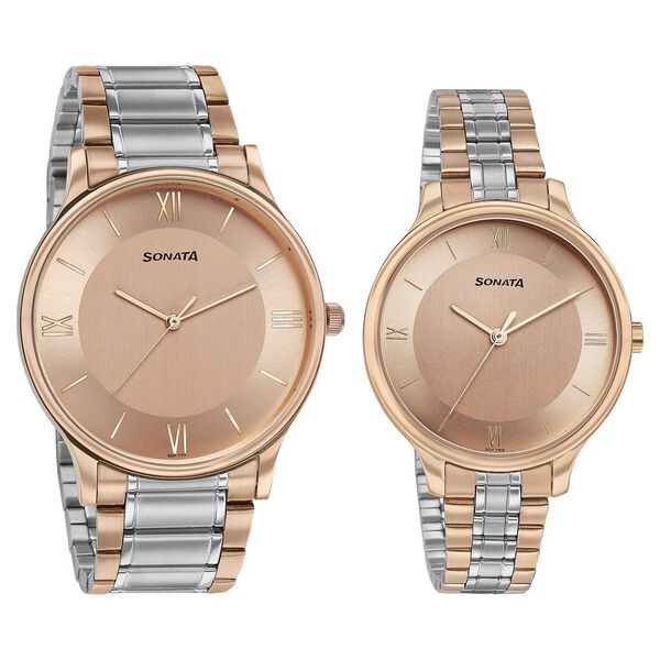 Sonata Modern Bandhan Quartz Analog Pink Dial Stainless Steel Strap Watch for Couple - image number 1