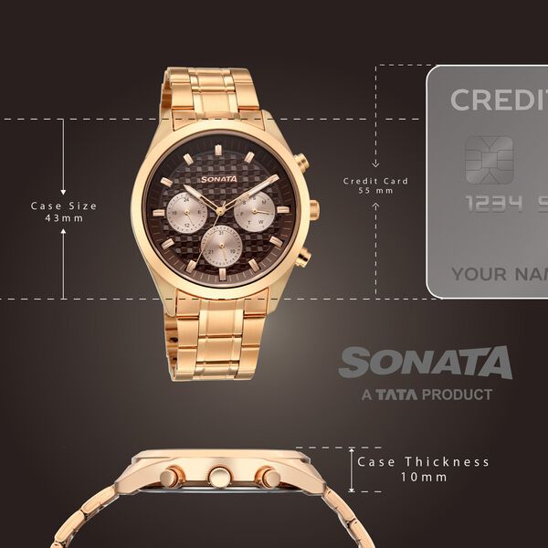 Sonata Summit Quartz Multifunction Brown Dial Rose Gold Metal Strap Watch For Men - image number 3