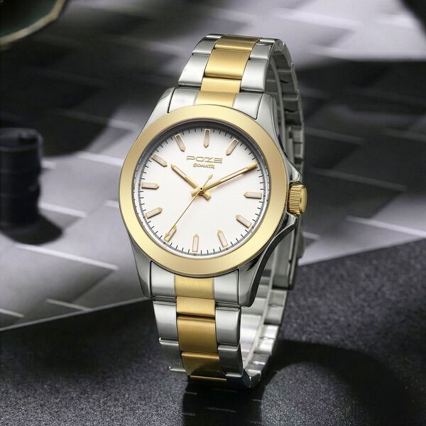 Sonata Poze Quartz Analog White Dial Two Toned Stainless Steel Strap Watch For Men - image number 0