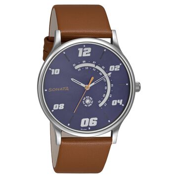 Sonata RPM Quartz Analog with Day and Date Blue Dial Leather Strap Watch for Men