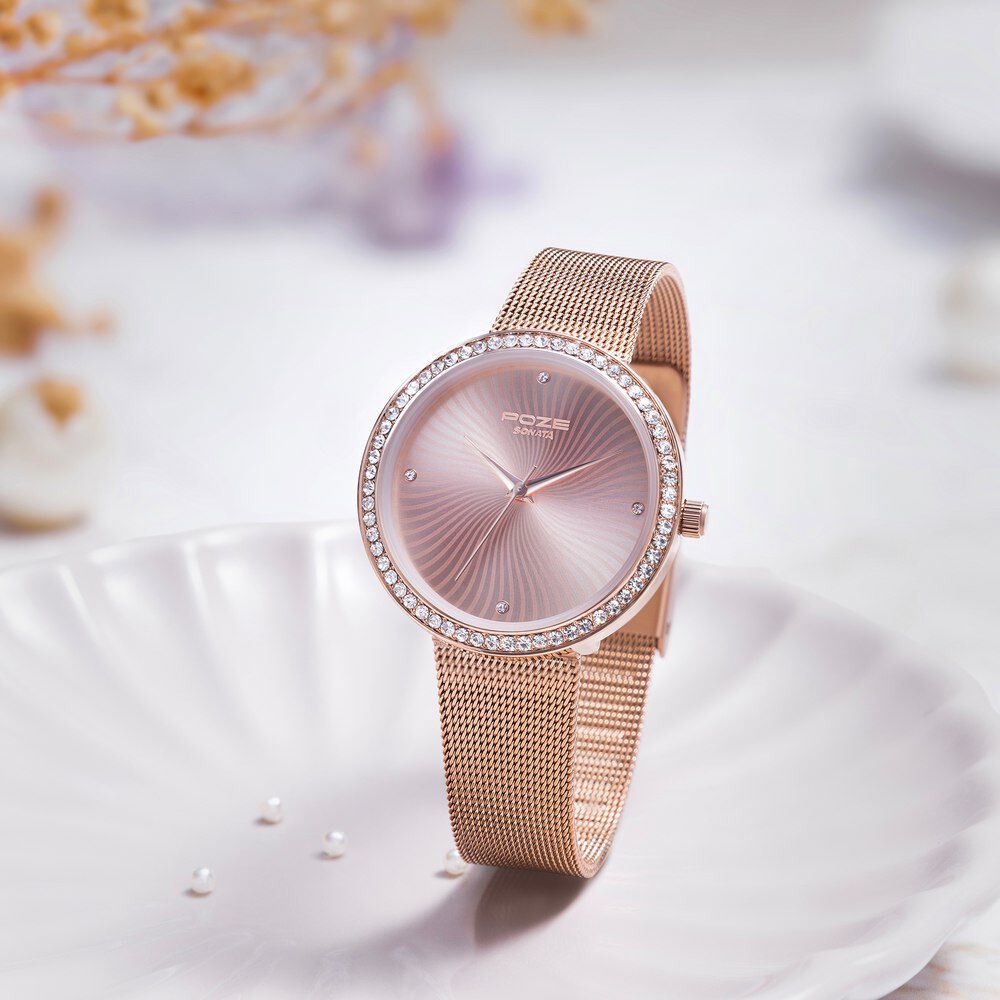 Buy Online Sonata Poze Quartz Analog Rose Gold Dial Mesh Strap Watch for Women sp80067wm01w Sonata