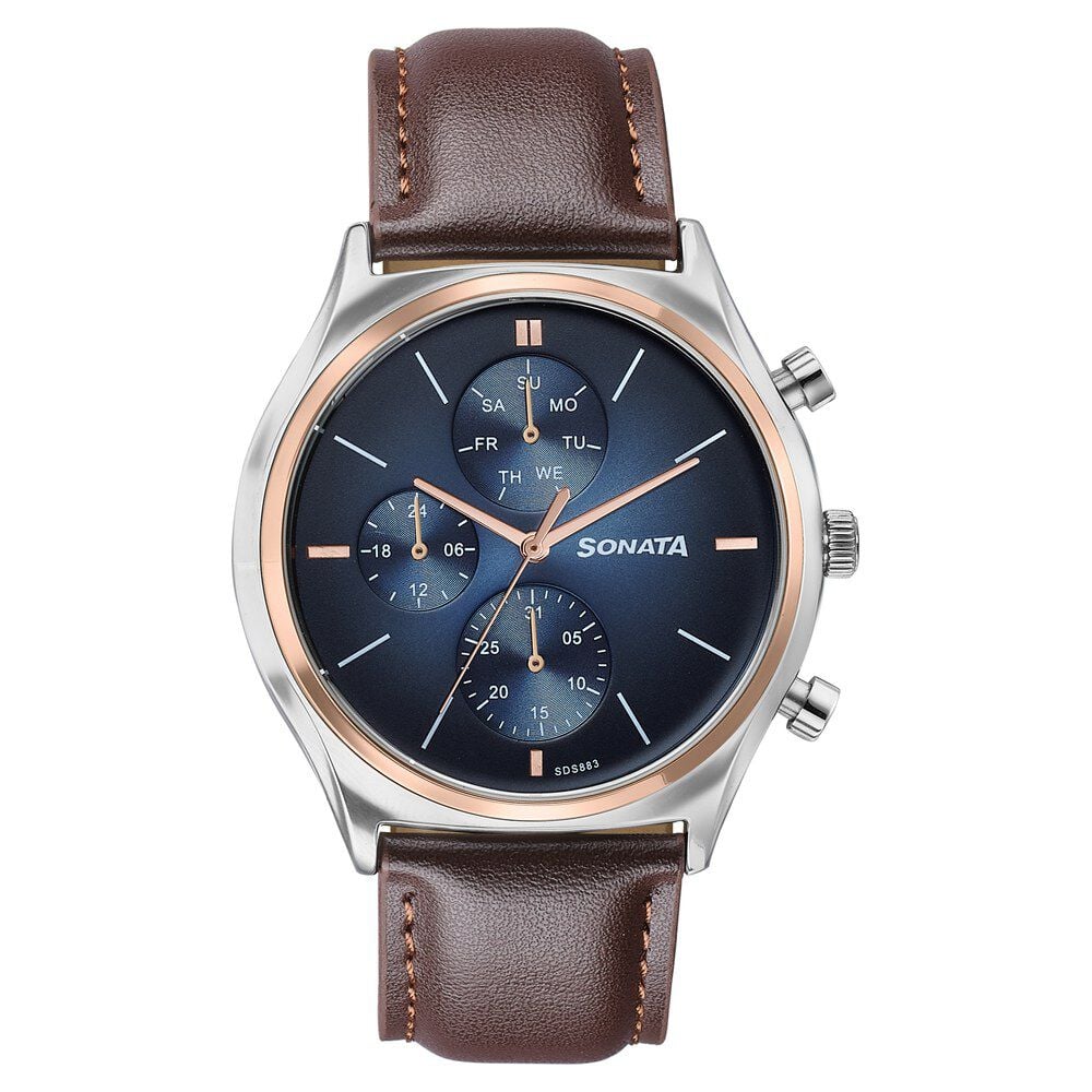 Sonata Festive Quartz Multifunction Blue Dial Brown Leather Strap Watch For Men-image-34