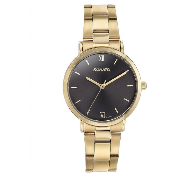 Sonata Quartz Analog Black Dial Golden Stainless Steel Strap Watch For Women - image number 1