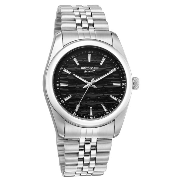 Poze By Sonata Quartz Analog Black Dial Silver Metal Strap Watch For Men - image number 1