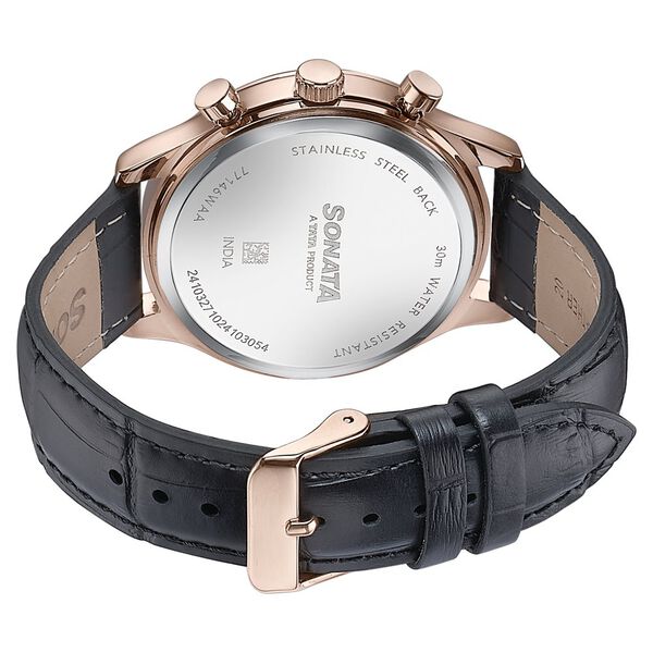 Sonata Wedding Edit Quartz Multifunction Black Dial Leather Strap Watch For Men - image number 5