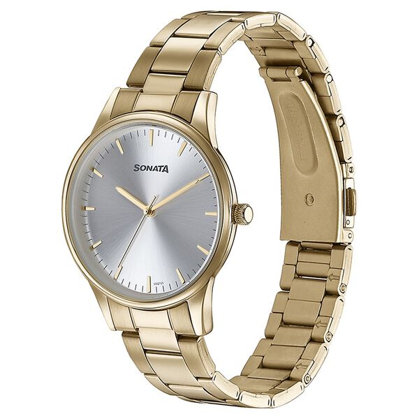 Sonata Quartz Analog Silver Dial Golden Stainless Steel Strap Watch For Men - image number 3