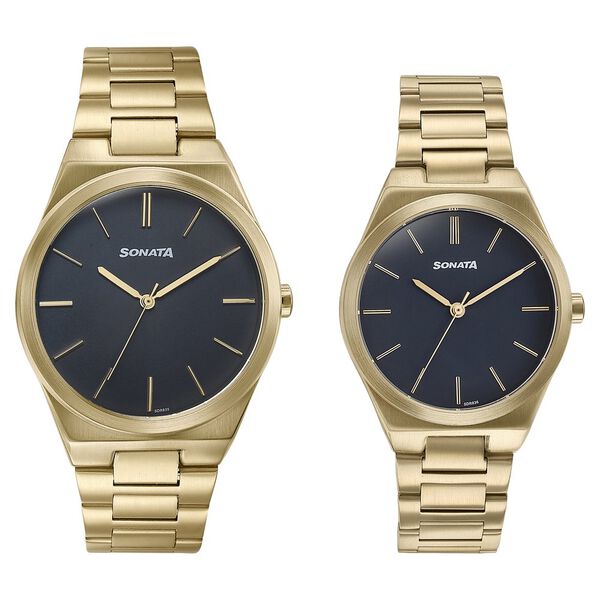 Sonata Wedding Edit Quartz Analog Black Dial Stainless Steel Strap Watch For Pair - image number 1