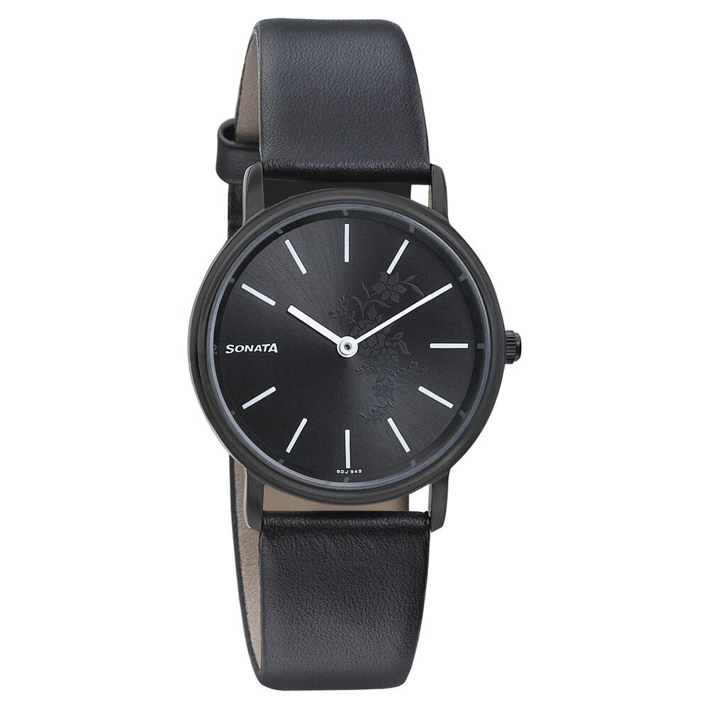 Buy Online Sonata Silver Lining Black Dial Women Watch With Leather Strap 87029nl02 p Sonata