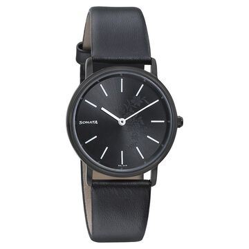 Sonata Silver Lining Black Dial Women Watch With Leather Strap