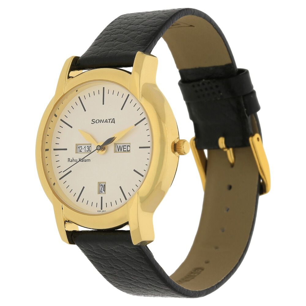 Buy Online Sonata Quartz Analog with Day and Date Champagne Dial Leather Strap Watch for Men nk7954yl05 Sonata