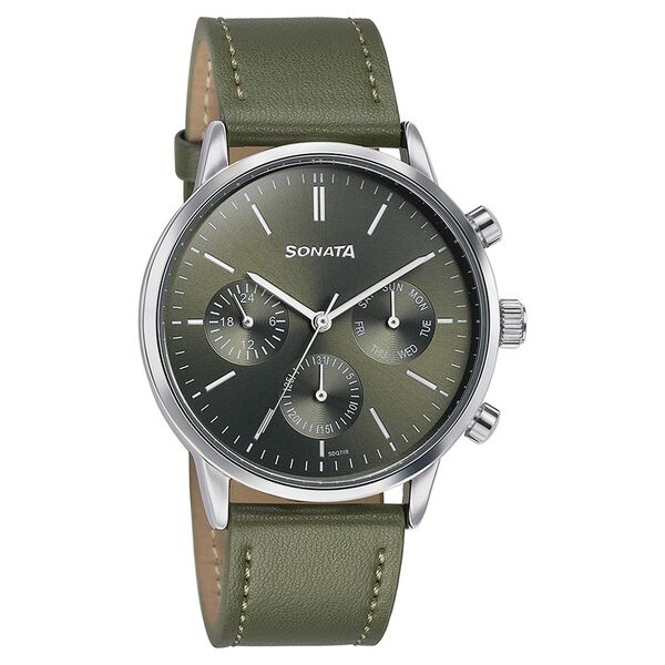 Sonata Quartz Multifunction Green Dial Green Leather Strap Watch For Men - image number 2