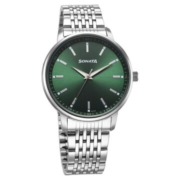 Sonata Wedding Quartz Analog Green Dial Stainless Steel Strap Watch For Men