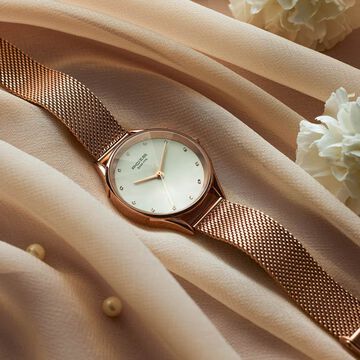 Sonata Poze Quartz Analog White Dial Rose Gold Color Stainless Steel Strap Watch For Women