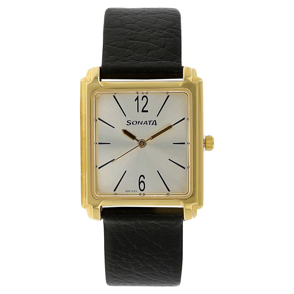Buy Online Sonata Quartz Analog Silver Dial Leather Strap Watch for Men nk7053yl07 Sonata
