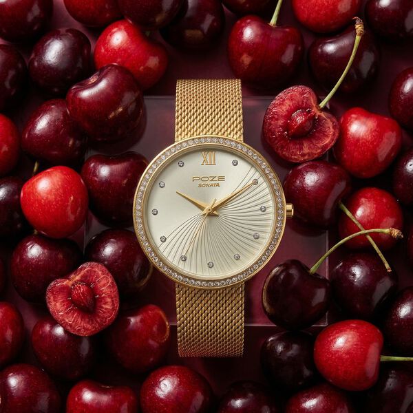 Poze By Sonata Quartz Analog Golden Dial Golden Metal Strap Watch For Women - image number 0