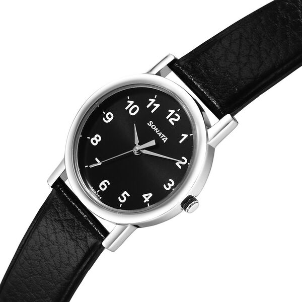 Sonata Classic Quartz Analog Black Dial Black Leather Strap Watch for Men - image number 2