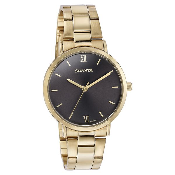 Sonata Quartz Analog Black Dial Golden Stainless Steel Strap Watch For Women - image number 2