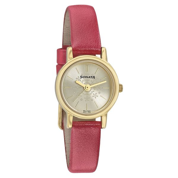 Sonata Floral Folkart Champagne Dial Women Watch With Leather Strap - image number 0