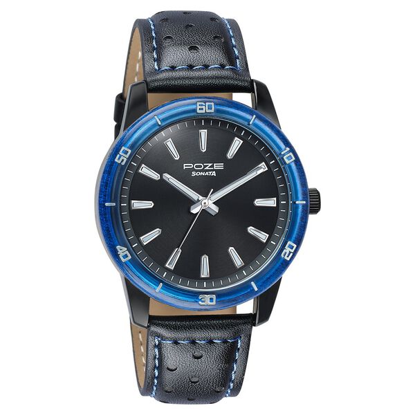 Poze By Sonata Quartz Analog Black Dial Two Toned Leather Strap Watch For Men - image number 2