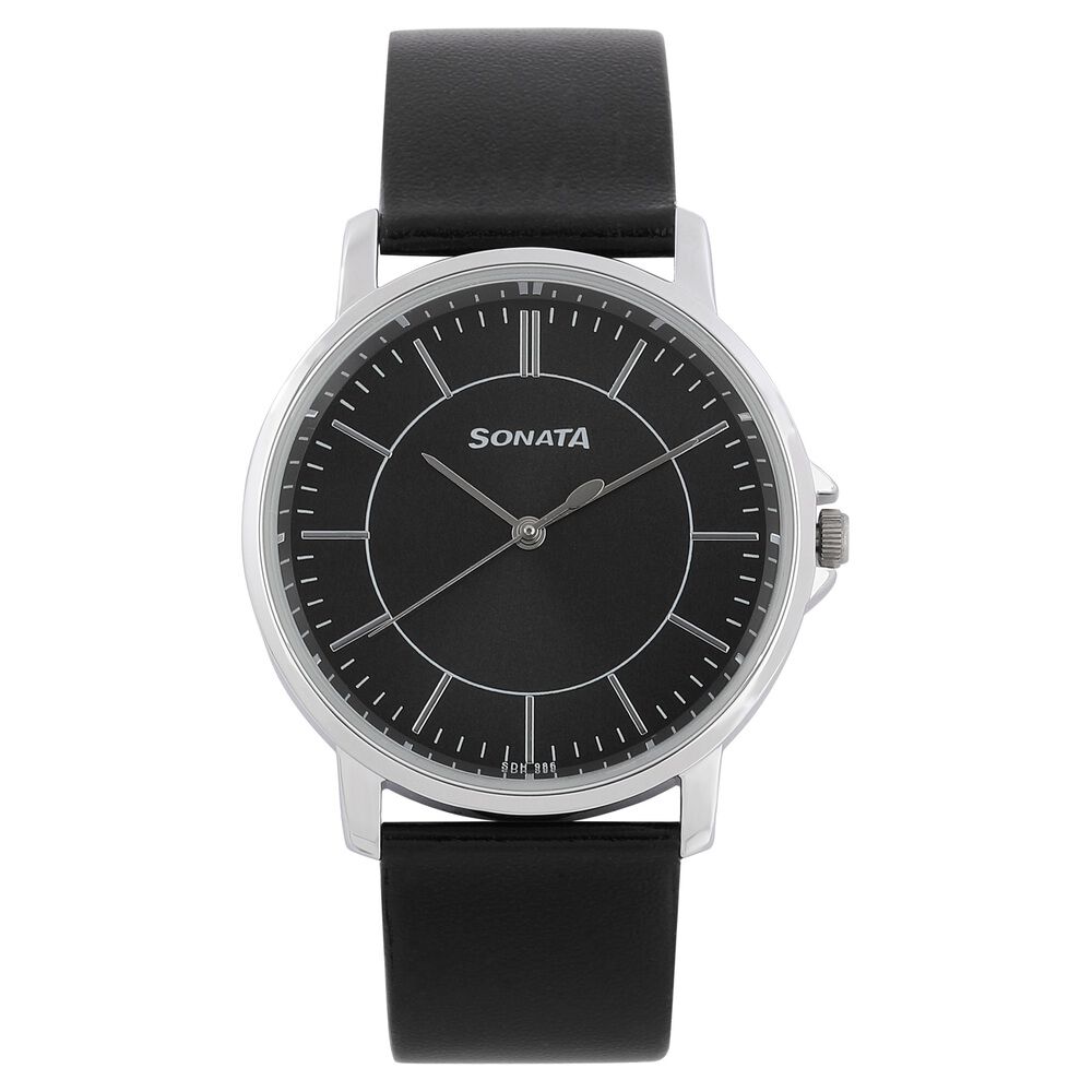 Sonata Quartz Analog Black Dial Leather Strap Watch for Men