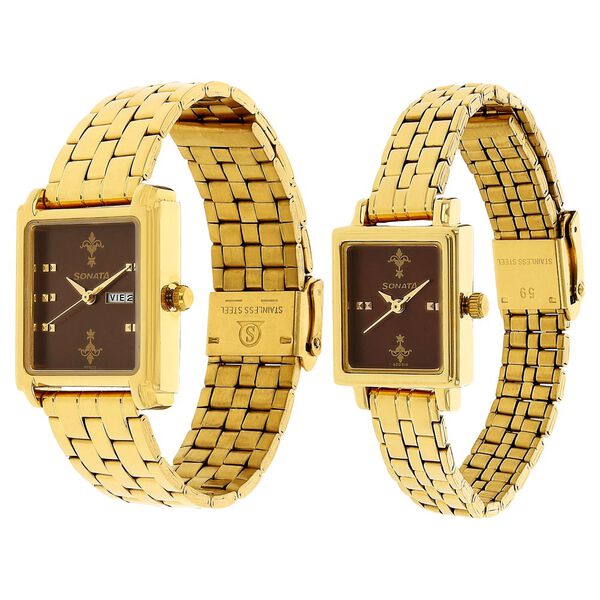 Sonata Quartz Analog with Day and Date Brown Dial Metal Strap Watch for Couple - image number 1