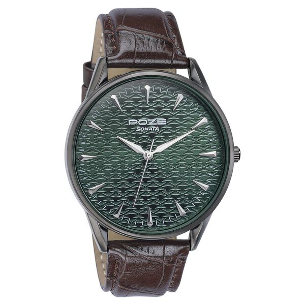 Sonata Poze Quartz Analog Green Dial Brown Color Leather Strap Watch For Men - image number 2
