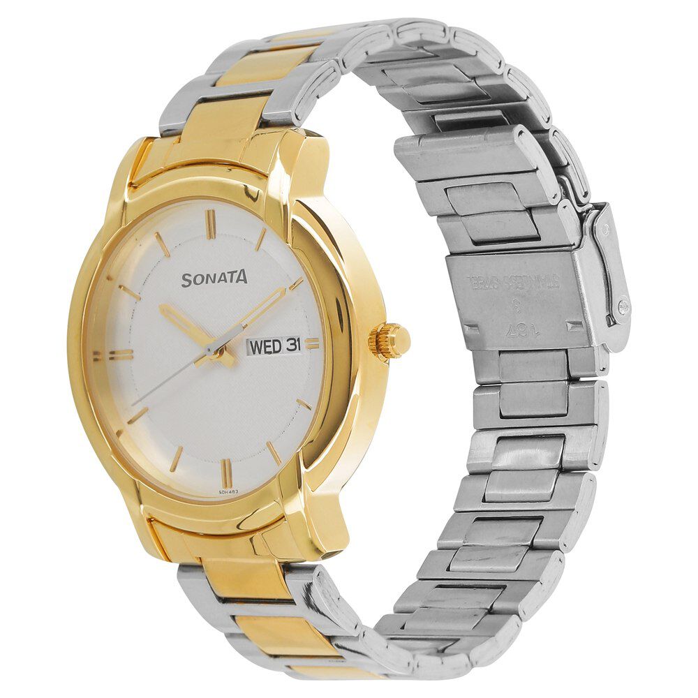 Buy Online Sonata Quartz Analog with Day and Date White Dial Stainless Steel Strap Watch for Men nl7954bm03 Sonata