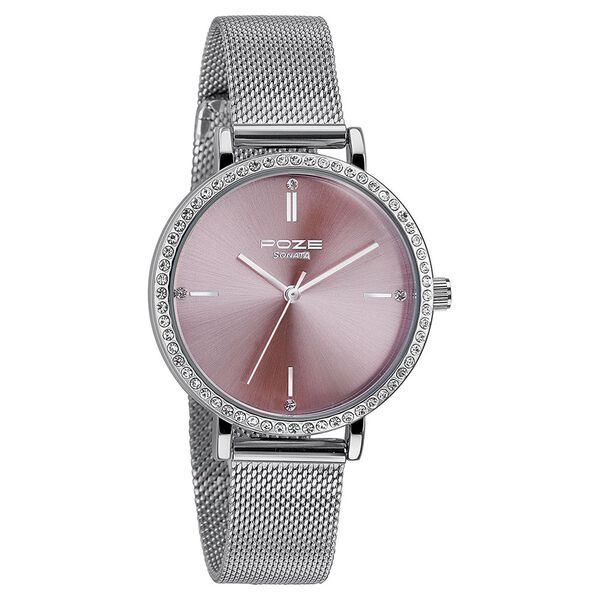 Sonata Poze Quartz Analog Pink Round Dial Silver Mesh Strap Watch For Women - image number 2